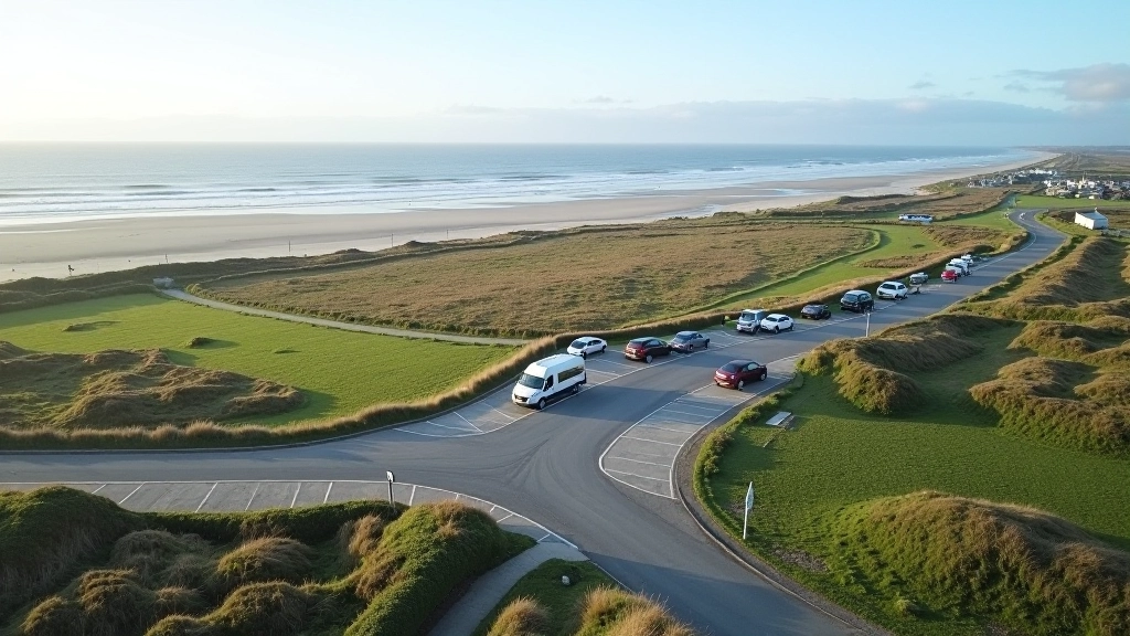 Parking area at Inch Beach with coastal path signage, clear view of beach access, organized parking spaces