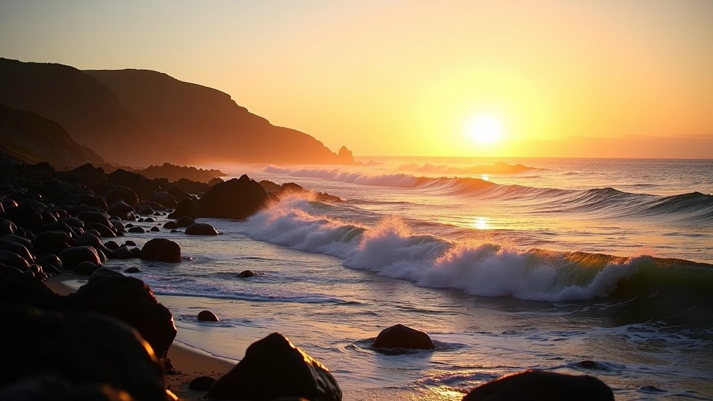 Serene view of Irish Atlantic coastline at golden hour, waves and rocks, peaceful natural landscape, healing environment