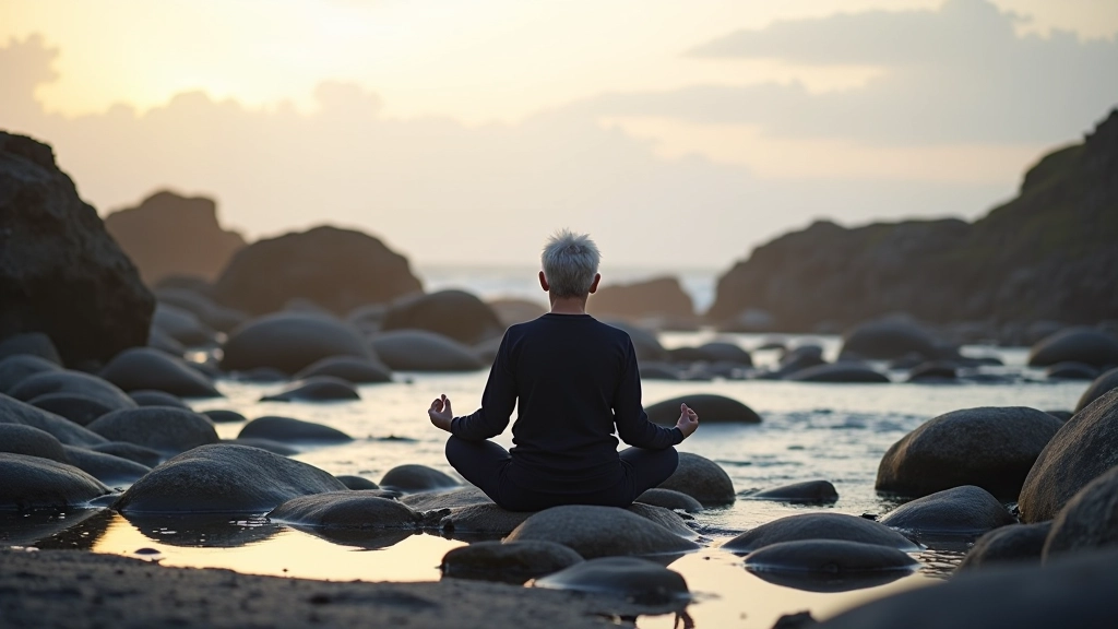 Beach meditation space with smooth rocks, calm water, peaceful coastal setting