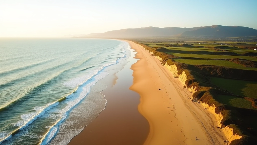 Aerial view of Inch Beach showing the expansive sandy coastline and gentle Atlantic waters