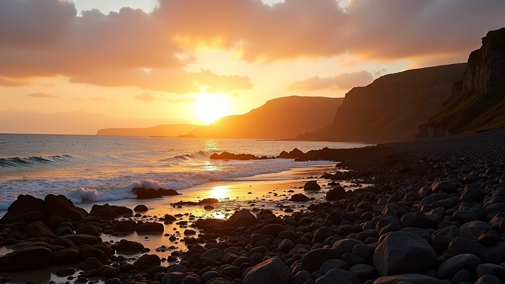Coastal cliffs at dusk with ocean horizon, seagulls flying, peaceful evening atmosphere