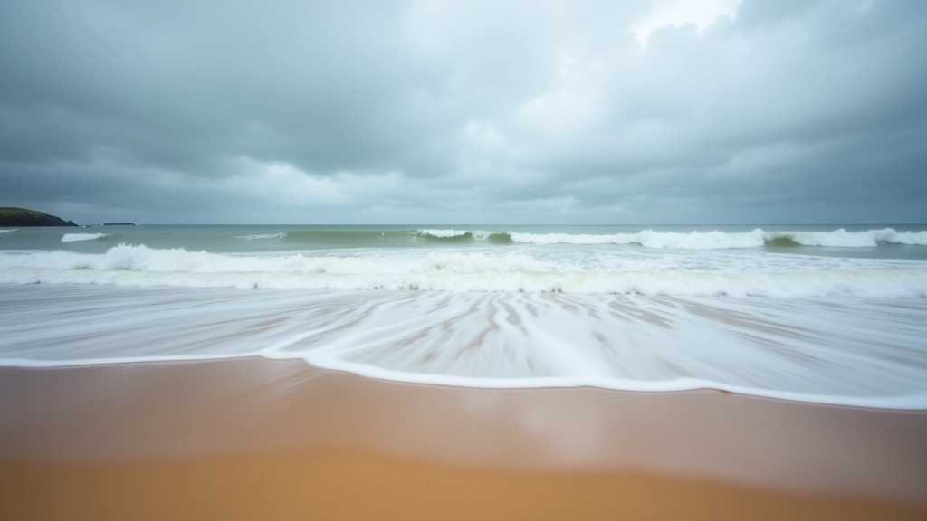 Dramatic Atlantic waves rolling onto sandy beach, moody sky, wet sand reflecting light, solitary figure in distance