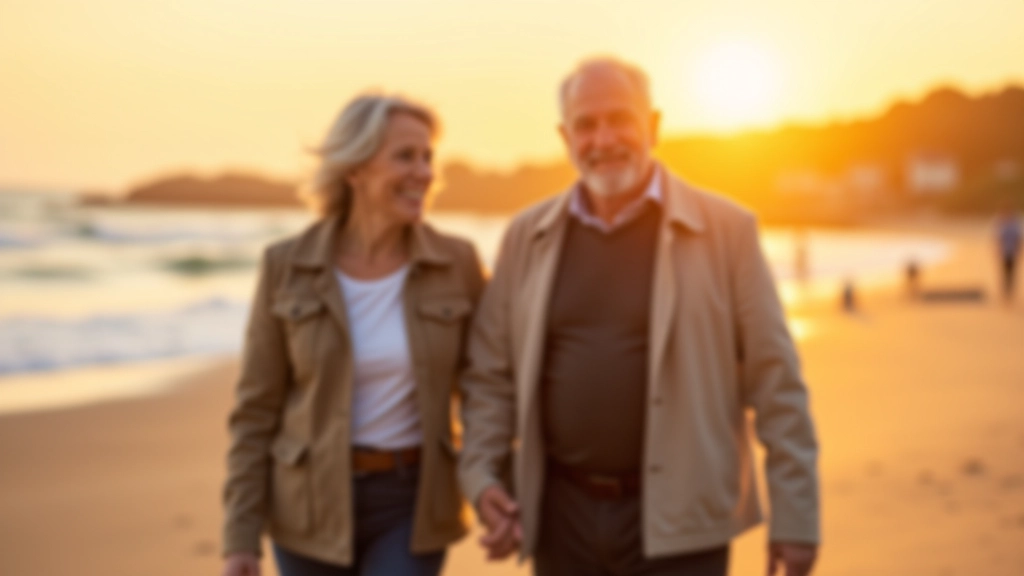 Senior couple walking together on Irish beach at sunset, peaceful coastal scene, golden hour light