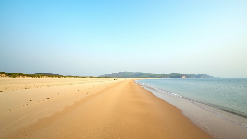 Panoramic view of Inch Beach showing full three-mile stretch of sand with distant cliffs and Atlantic horizon