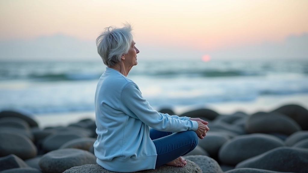 Person in light clothing sitting peacefully on Lahinch Beach rocks facing the ocean, practicing meditation with waves visible